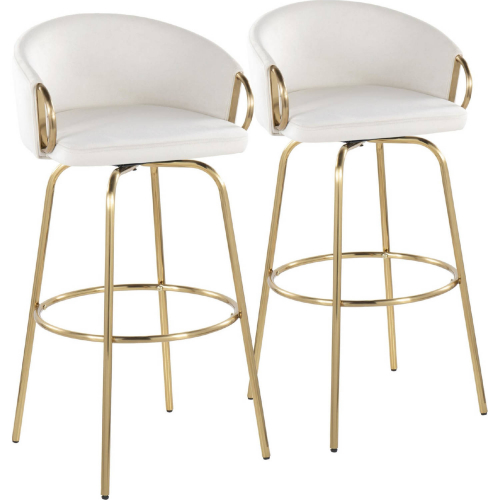 Claire 30" Swivel Bar Stool in Gold & Cream Velvet w/ Round Gold Footrest (Set of 2)